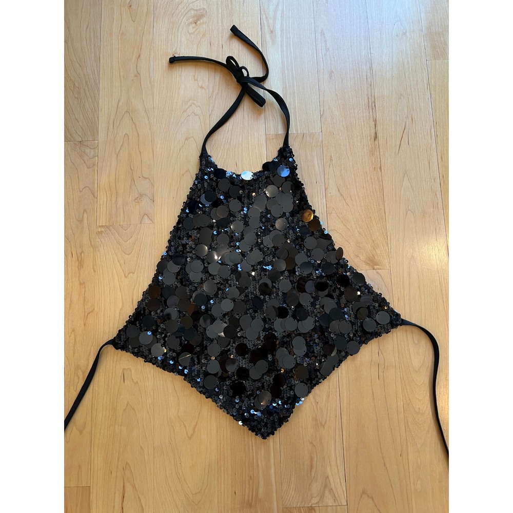 Edikted Halter Top Womens XS Black Sequin Handkerchief Party Festival Crop Top